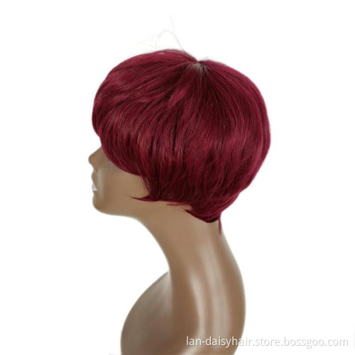 Short Pixie Cut Straight Hair Purple color Wig Peruvian Human Hair Wigs For Black Women 150% Glueless Machine Made Wig